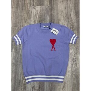 AMI Alexandre Mattiussi Purple Knit Short Sleeve Sweater Heart Logo Size‎ S NWT